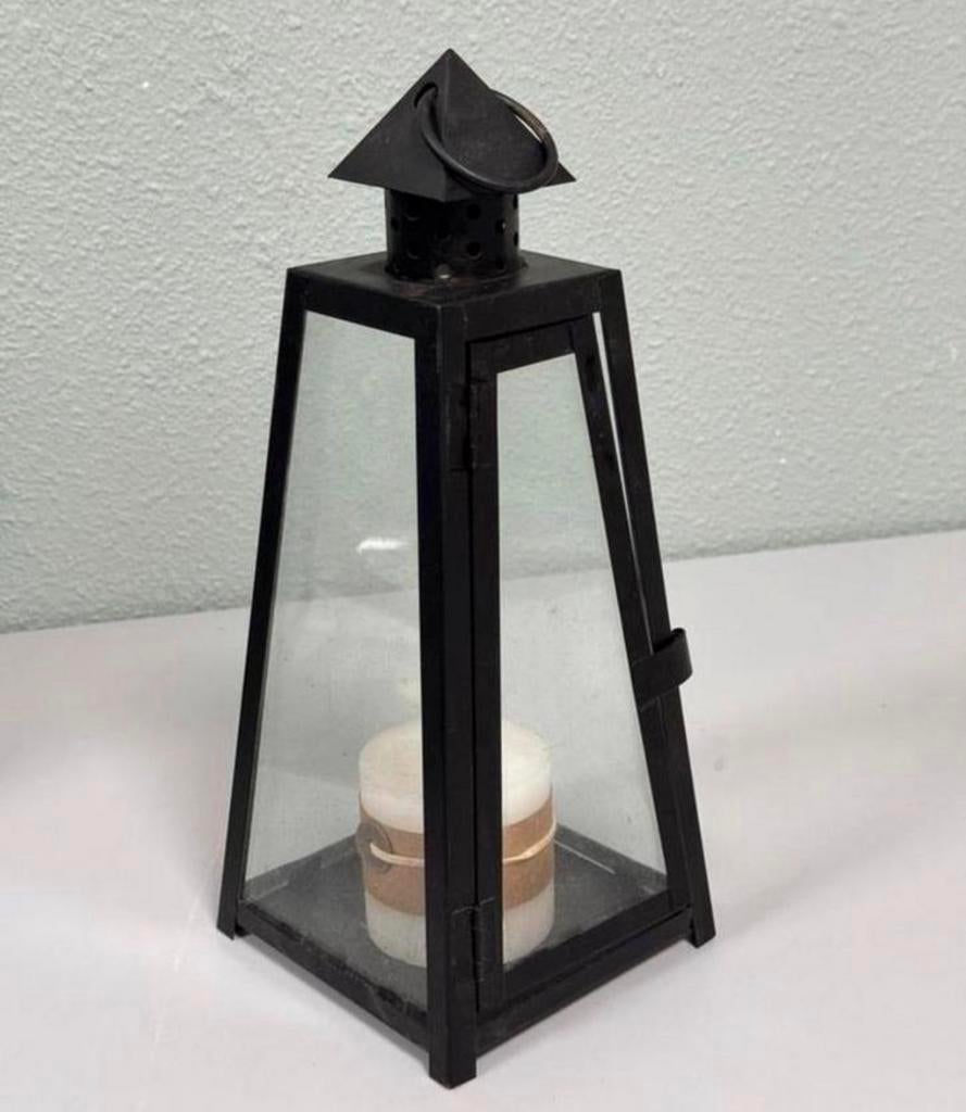 Vintage kaarsenhouder glas metaal kaarsen hanger piramide, 25 tot 50 cm, Zwart, Ophalen of Verzenden, Zo goed als nieuw