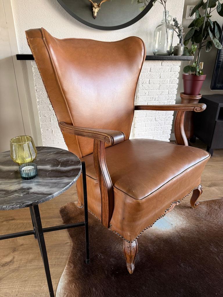 Vintage fauteuil / zetel - Cognac leer, Ophalen, Gebruikt, Leer, 75 tot 100 cm