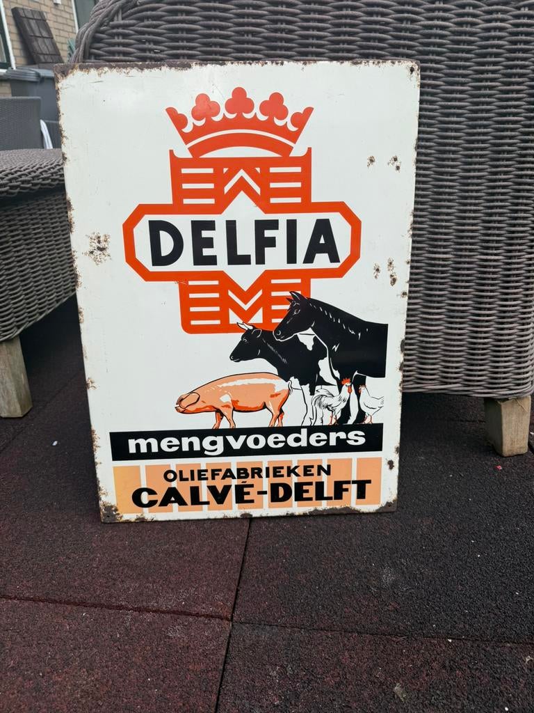 delfia    emaille bord, Ophalen of Verzenden, Zo goed als nieuw, Reclamebord