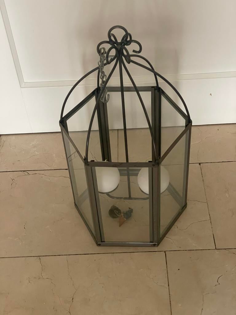 Hanglamp van metaal en glas, kaarsen lamp, Huis en Inrichting, Lampen | Hanglampen, Ophalen of Verzenden, Zo goed als nieuw, Metaal