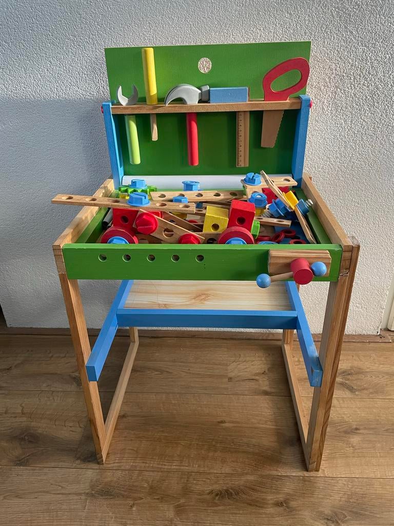 Houten Werkbank met Gereedschap en Bouwset, Ophalen, Gebruikt, Jongen of Meisje