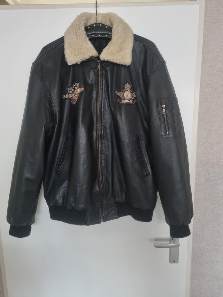 Zwart leren piloten heren jas URBAN 5884, afneembare kraag., Zwart, Maat 56/58 (XL), Ophalen of Verzenden, Zo goed als nieuw