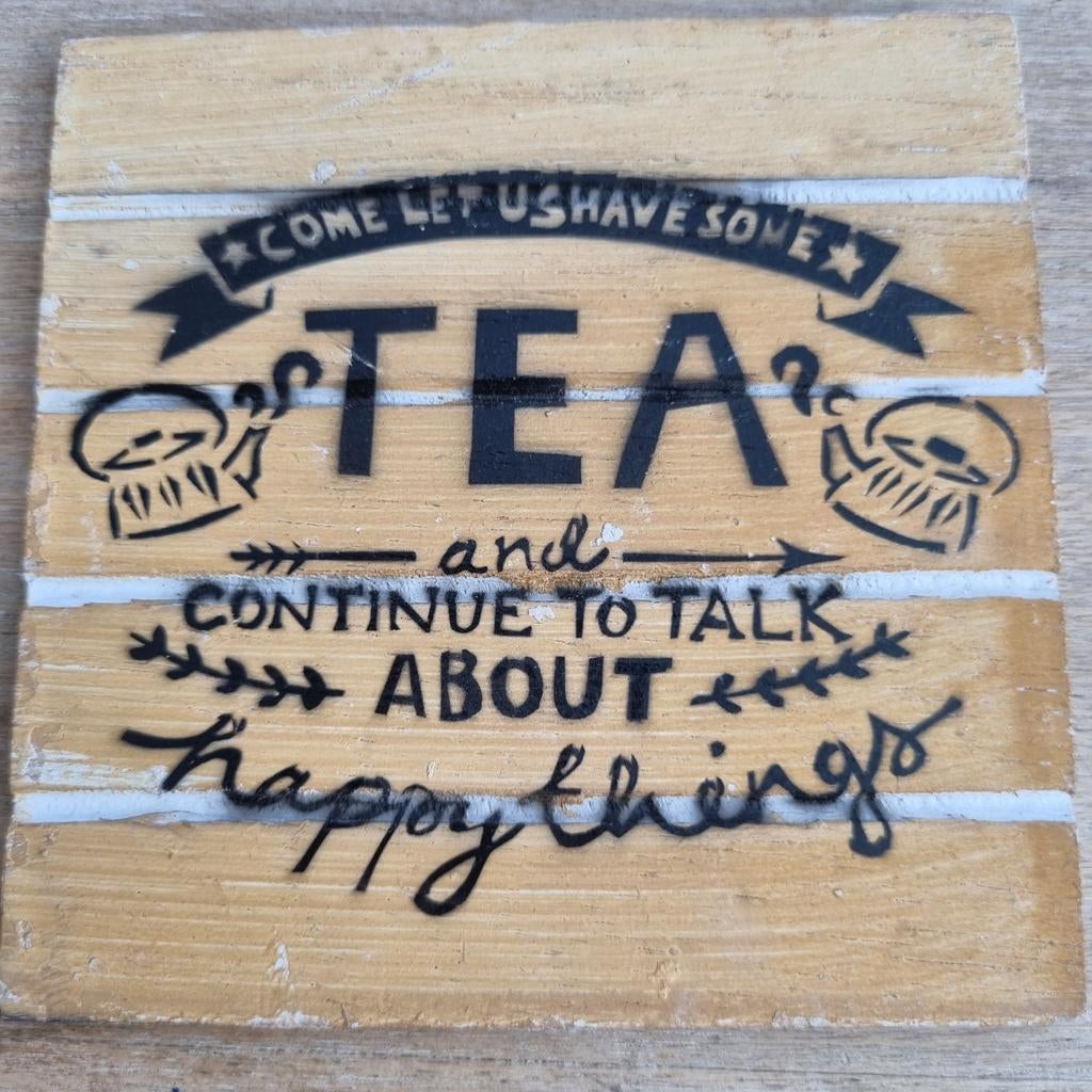 Set van 4 houten onderzetters 10x10 cm met leuke quotes, Ophalen of Verzenden, Nieuw, Glas of Kopje