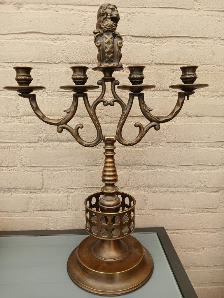 Vintage koperen kandelaar met wapen van Amsterdam, Antiek en Kunst, Ophalen, Koper of Brons