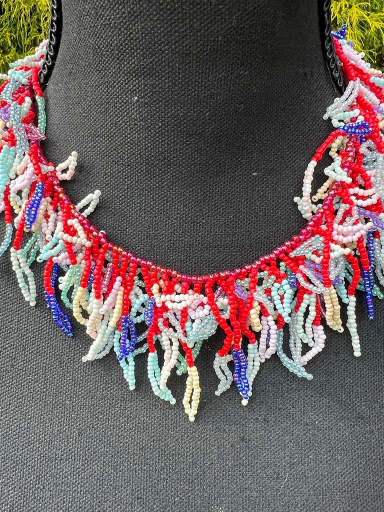 Handgemaakte koraal choker" bohemien kralenketting glas, Sieraden, Tassen en Uiterlijk, Kettingen, Ophalen of Verzenden, Zo goed als nieuw