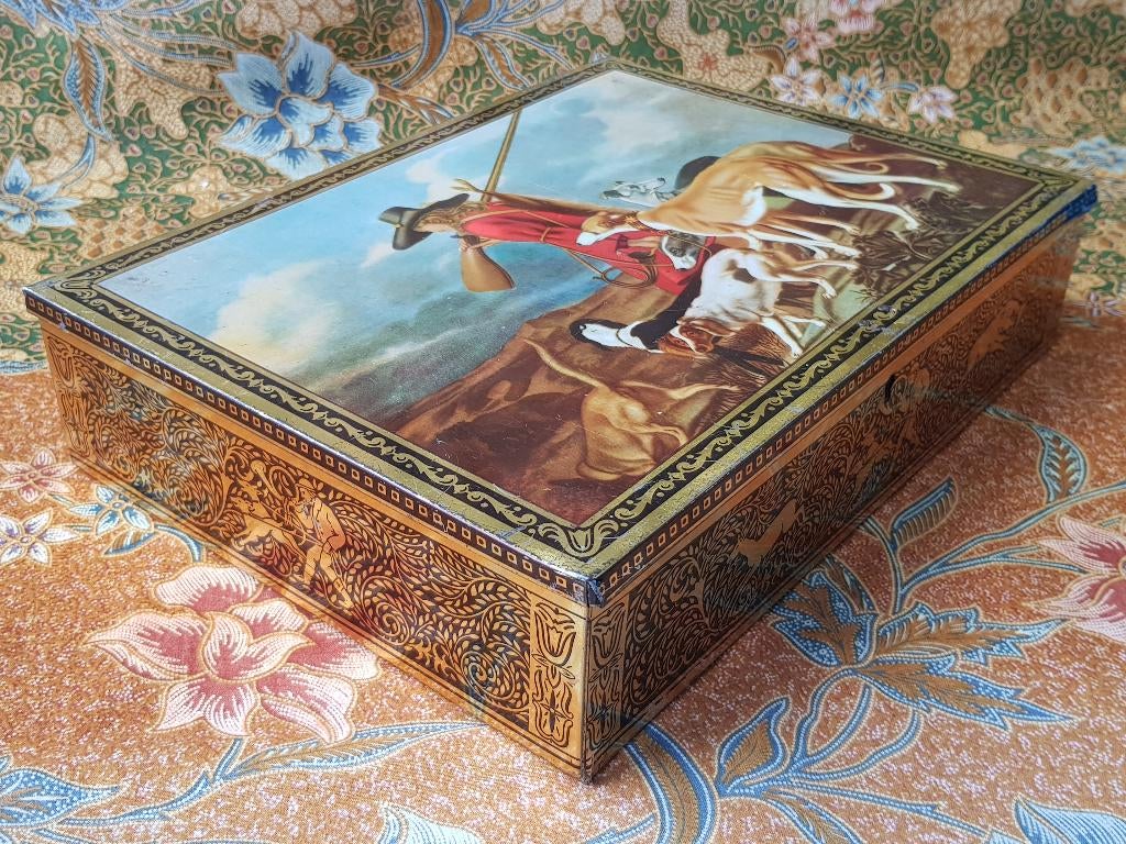 Mooi oud vintage koekjesblik uit Engeland met vossenjacht., Antiek en Kunst, Ophalen of Verzenden