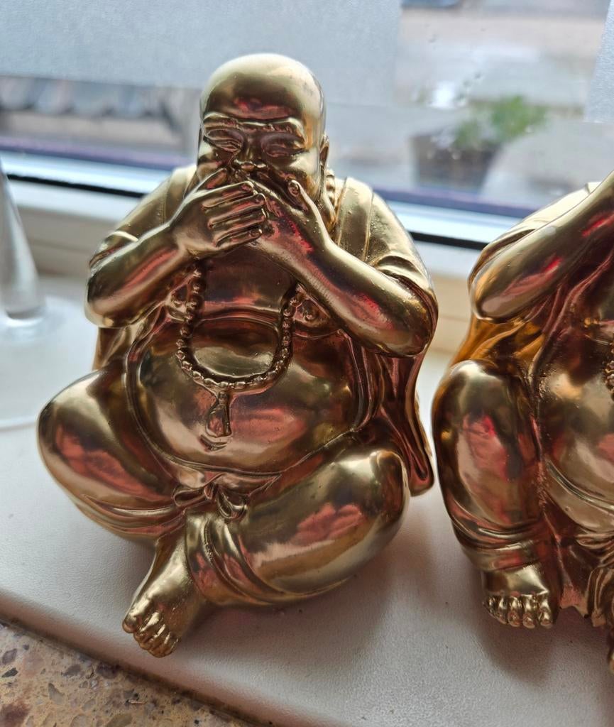 Set van 3 Gouden Boeddha Beeldjes: Horen, Zien & Zwijgen, Ophalen of Verzenden, Zo goed als nieuw