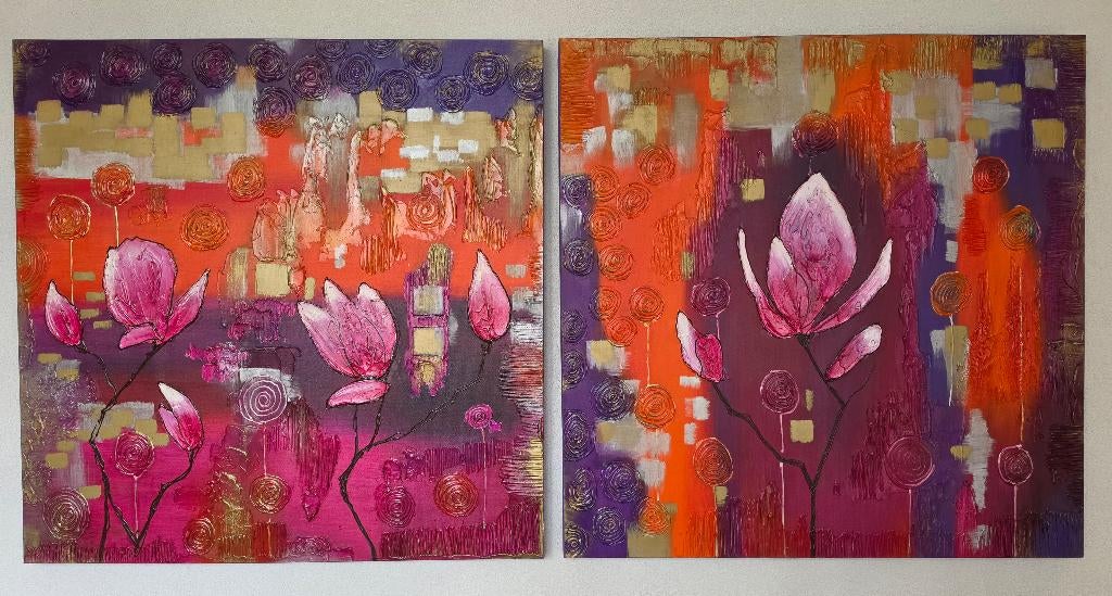 2 mooie abstracte schilderijen (diptiek) op canvas, Ophalen