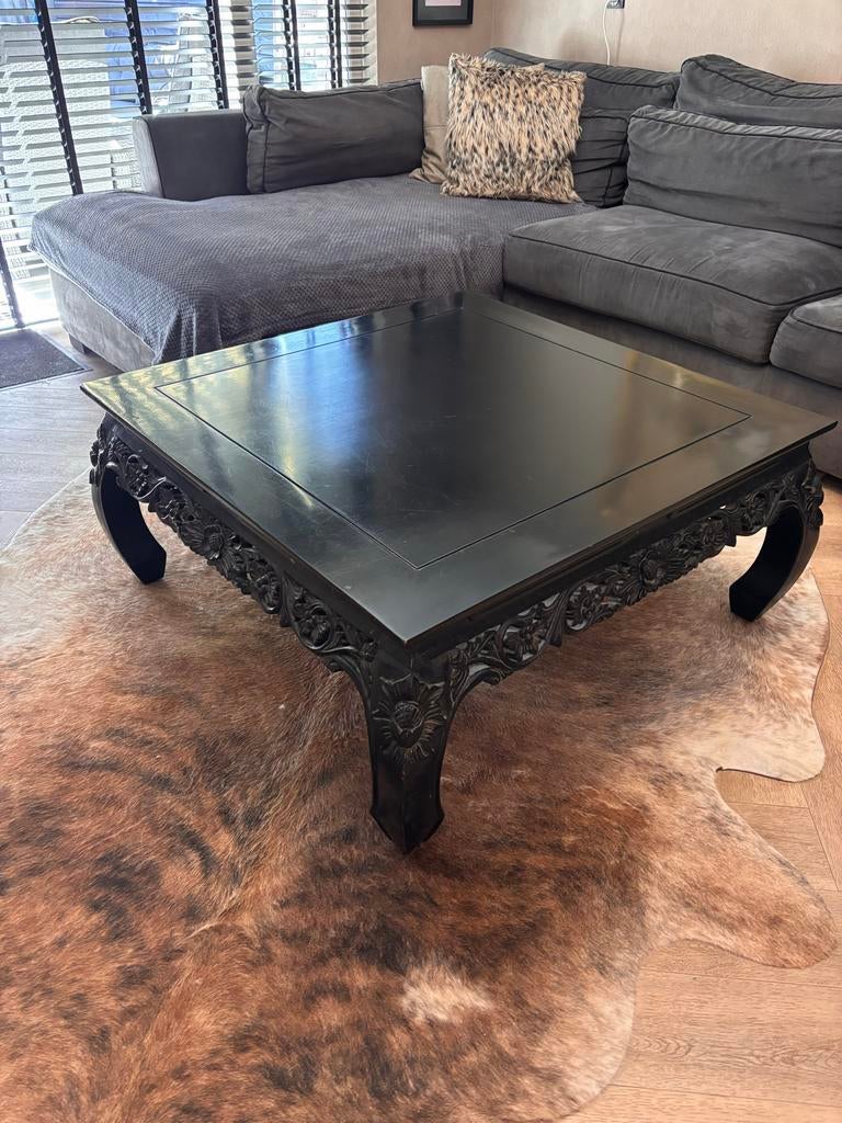 Zwarte Opium Salontafel met Gedetailleerd Houtsnijwerk, Huis en Inrichting, Ophalen, Gebruikt, 100 tot 150 cm, Vierkant