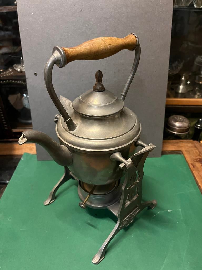 Antieke tinnen theepot met theelicht onderstel, Antiek en Kunst, Ophalen of Verzenden