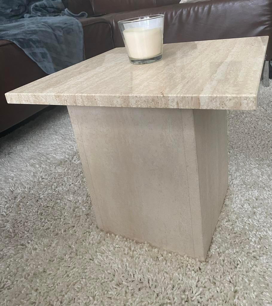 Travertin tafeltje, Huis en Inrichting, Tafels | Salontafels, Ophalen, 50 tot 100 cm, Rond, Zo goed als nieuw