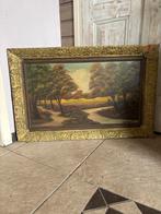 Oud schilderij met landschap en herten in sierlijke lijst, Antiek en Kunst, Kunst | Schilderijen | Klassiek, Ophalen