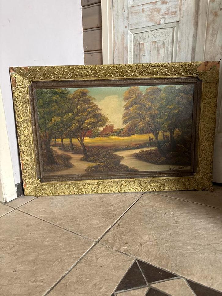 Oud schilderij met landschap en herten in sierlijke lijst, Antiek en Kunst, Kunst | Schilderijen | Klassiek, Ophalen
