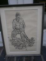 Leuke tekening van een man met een Boorhamer in lijstje, Antiek en Kunst, Kunst | Tekeningen en Foto's, Ophalen