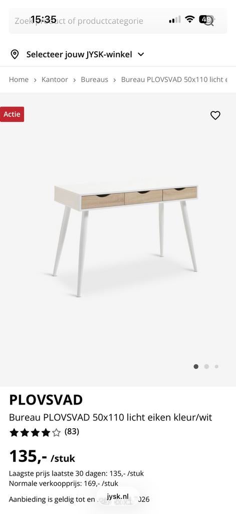 JYSK PLOVSVAD bureau wit met licht eiken lades, Ophalen, Met lades, Zo goed als nieuw, Jysk