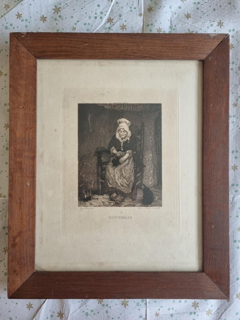 Ingelijste ets Koffiemalen Abram George Steelink, Antiek en Kunst, Ophalen of Verzenden