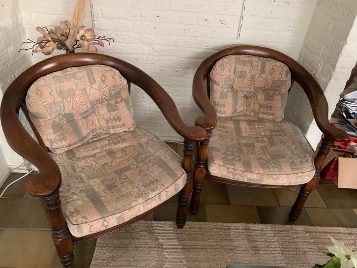 Set van 2 houten stoelen met stoffen bekleding, Huis en Inrichting, Stoelen, Gebruikt, Twee, Hout, Overige kleuren, Ophalen