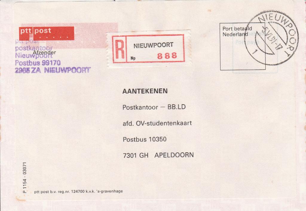 NIEUWPOORT 1991 aanget. Dienstenvelop POSTKANTOOR, Ophalen of Verzenden, Voor 1920, Gelopen, Utrecht