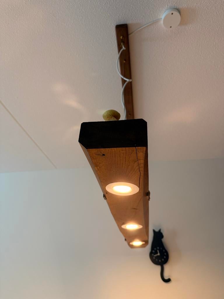 Eikenhouten balklamp met Philips Hue spots, Huis en Inrichting, Lampen | Hanglampen, Ophalen, Nieuw, Hout, 50 tot 75 cm