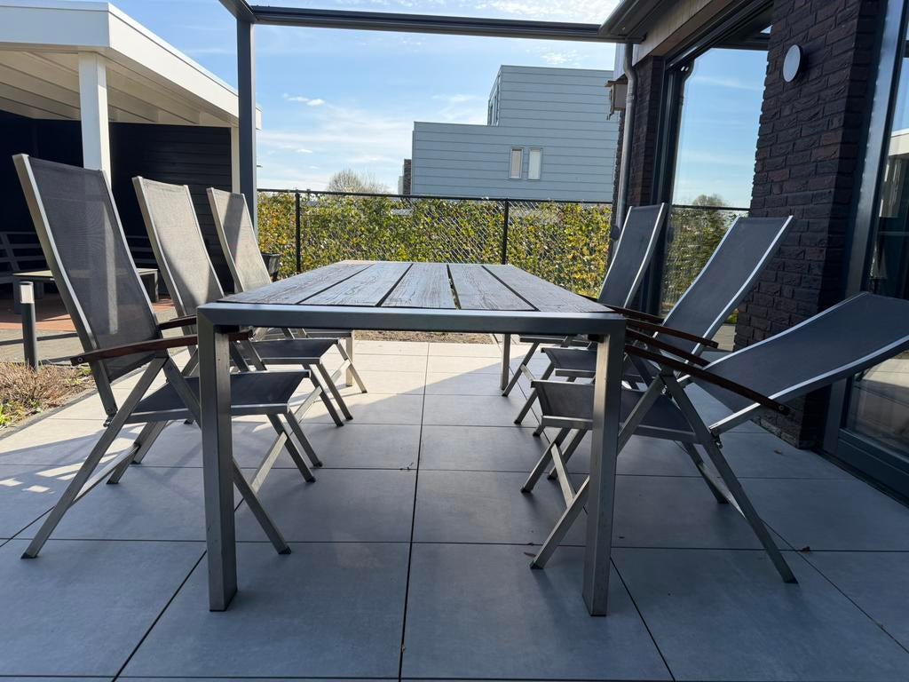 Tuinset RVS met steigerhout tafelblad en teak leuningen, Tuin en Terras, Ophalen, Gebruikt, 6 zitplaatsen, Rvs