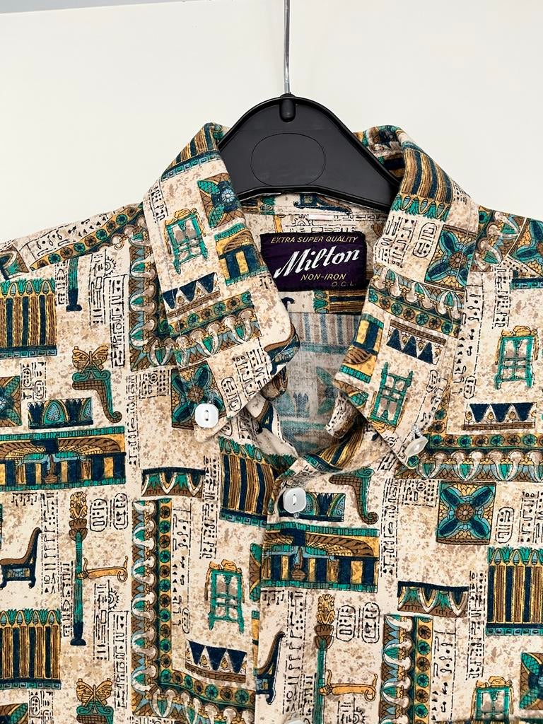 Vintage Milton overhemd met Egyptische print, Kleding | Heren, Ophalen of Verzenden, Zo goed als nieuw, Beige, Halswijdte 38 (S) of kleiner