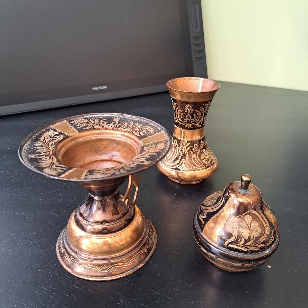 Gegraveerde koperen set, Antiek en Kunst, Ophalen of Verzenden, Koper