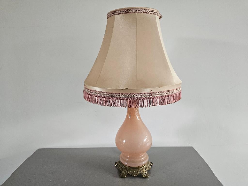 Grote brocante Franse roze tafellamp van Opaline glas, Ophalen of Verzenden