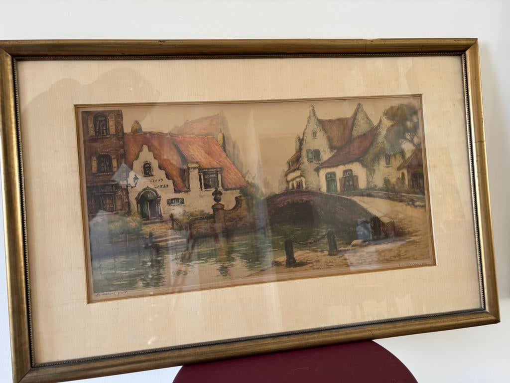 Gesigneerde ets/prent stadsscene Brugge-stijl, ingelijst, Antiek en Kunst, Kunst | Etsen en Gravures, Ophalen