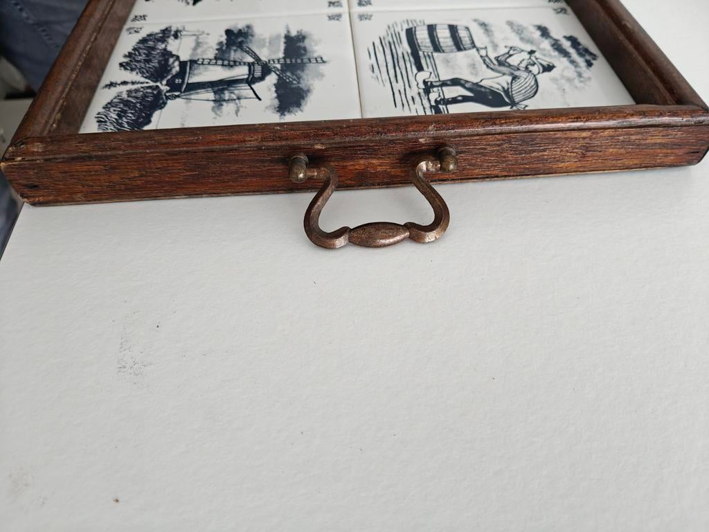 Vintage dienblad met Delfts blauwe tegeltjes, Ophalen, Gebruikt, Rechthoekig, Hout