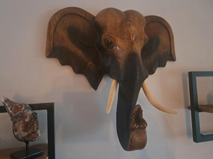 Prachtige Houten Olifantenkop Wanddecoratie – 70 cm, Antiek en Kunst, Kunst | Beelden en Houtsnijwerken, Ophalen of Verzenden