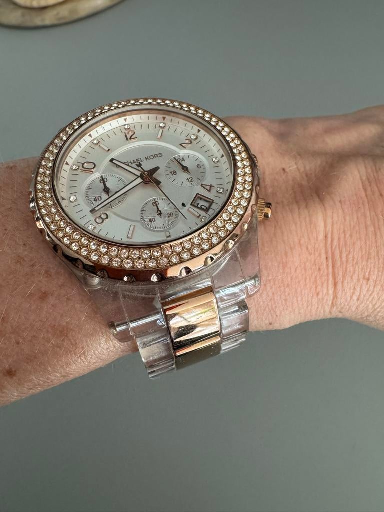 Michael Kors Roségoud Horloge met Transparant Bandje, Overige merken, Overige materialen, Gebruikt, Polshorloge
