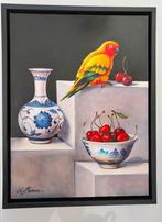 Stilleven met papegaai en Chinees aardewerk, Antiek en Kunst, Ophalen of Verzenden