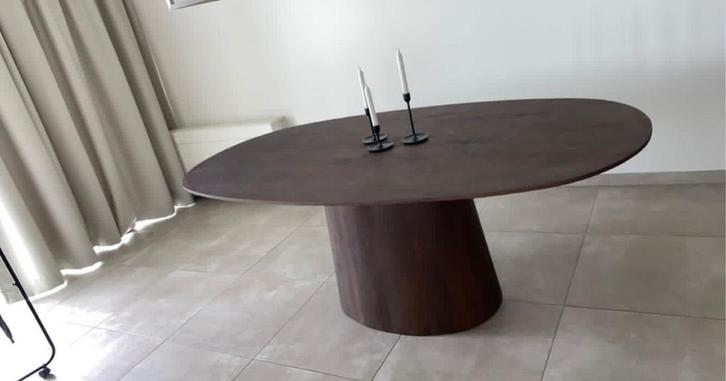 Houten eettafel japandi bruin hout tafel ovaal, Huis en Inrichting, Tafels | Eettafels, Gebruikt, 100 tot 150 cm, 150 tot 200 cm