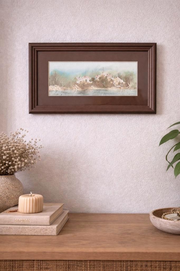 Ingelijste Aquarel – Landschap – 45  23 cm, Antiek en Kunst, Kunst | Schilderijen | Klassiek, Ophalen of Verzenden