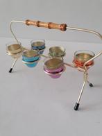 Vintage rekje met 5 borrelglaasjes in 6 metalen houders, Verzamelen, Glas en Borrelglaasjes, Ophalen of Verzenden, Gebruikt, Overige typen