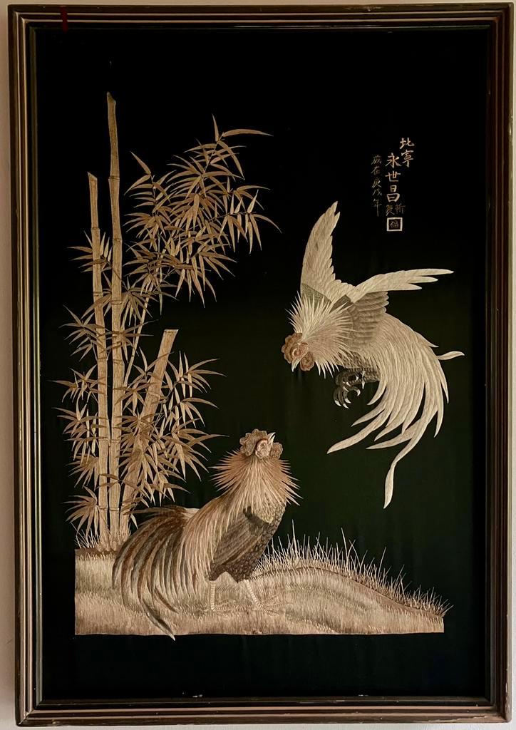 Vintage Chinees borduurwerk - Hanengevecht, Antiek en Kunst, Kunst | Niet-Westerse kunst, Ophalen