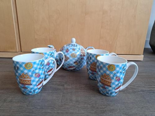 Theeservies (theepot + 4 mokken), Antiek en Kunst, Antiek | Servies compleet, Ophalen of Verzenden