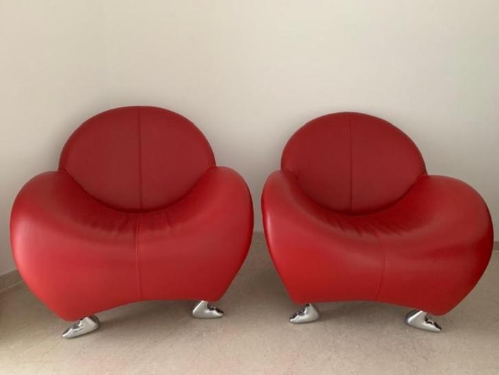 Leolux Papageno fauteuils, Leer Senso, kleur Ferrari rood, Huis en Inrichting, Fauteuils, Zo goed als nieuw, Leer, 75 tot 100 cm