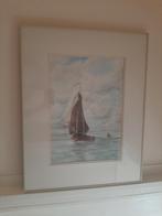 Ingelijste aquarel zeegezicht met zeilschip, Antiek en Kunst, Kunst | Schilderijen | Klassiek, Ophalen of Verzenden