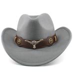 Grijze cowboy hoed met stierenkop / heren dames, Kleding | Heren, Hoeden en Petten, Verzenden, Nieuw, Hoed