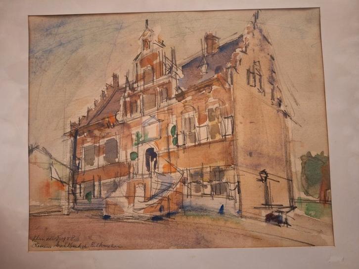 Aquarel Enkhuizen, Clemens Marklbacher 1958, Antiek en Kunst, Kunst | Tekeningen en Foto's, Ophalen of Verzenden