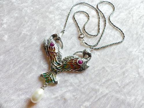 Prachtig Zilveren Tiffany Collier - 2 Pauwen met Robijntjes, Sieraden, Tassen en Uiterlijk, Antieke sieraden, Ketting, Zilver