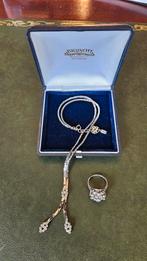 Verzilverd collier met ring, Gebruikt, Met strass, Verzenden, Zilver