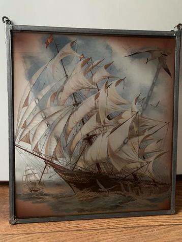 Prachtig antiek boot schilderij op glas - ingelijst in lood beschikbaar voor biedingen