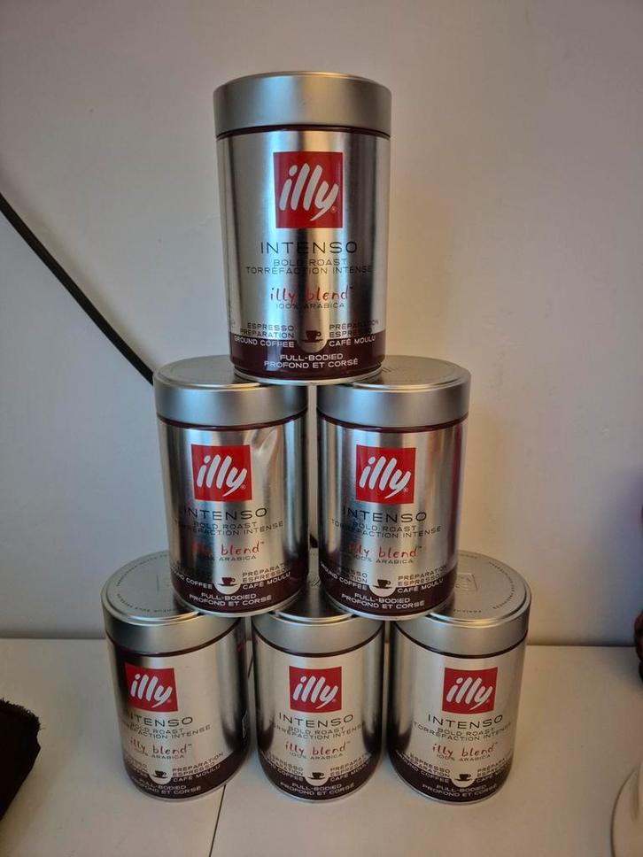 6 lege Illy koffie blikken Intenso Bold Roast, 250gr, Verzamelen, Blikken, Gebruikt, Koffie, Ophalen of Verzenden