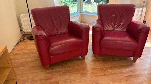 Rode Lederen Fauteuils - Set van 2, Huis en Inrichting, Fauteuils, Gebruikt, Leer, 75 tot 100 cm, Ophalen