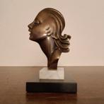 Bronzen Art Deco dameshoofd op marmer., Antiek en Kunst, Ophalen of Verzenden