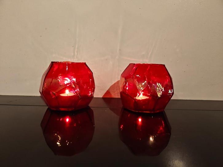 2 glazen waxinelicht houders Polspotten, Huis en Inrichting, Woonaccessoires | Kandelaars en Kaarsen, Gebruikt, Kandelaar, Minder dan 25 cm
