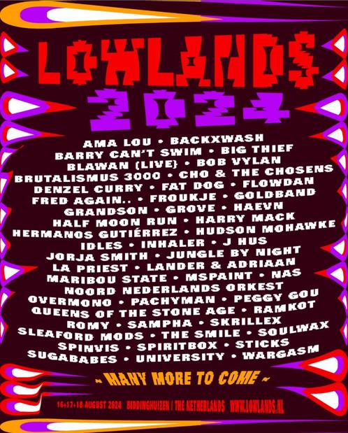 8x Lowlands Tickets 2024, Tickets en Kaartjes, Evenementen en Festivals, Drie personen of meer, Meerdaags