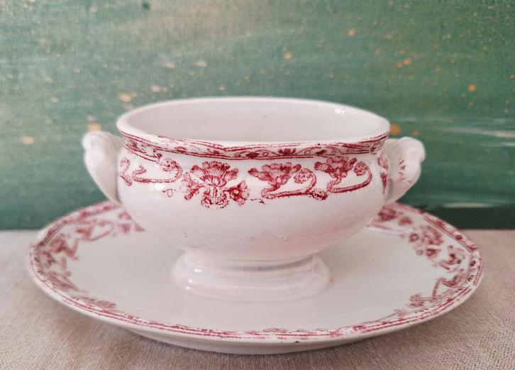 Antieke Mosterd/Mini Terrine, Terre de Fer - rood wit, Antiek en Kunst, Antiek | Servies los, Ophalen of Verzenden